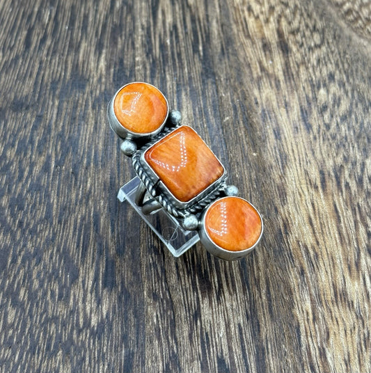 Navajo Handmade Sterling Silver Orange Spiny Oyster Shell Cluster Ring Size 7