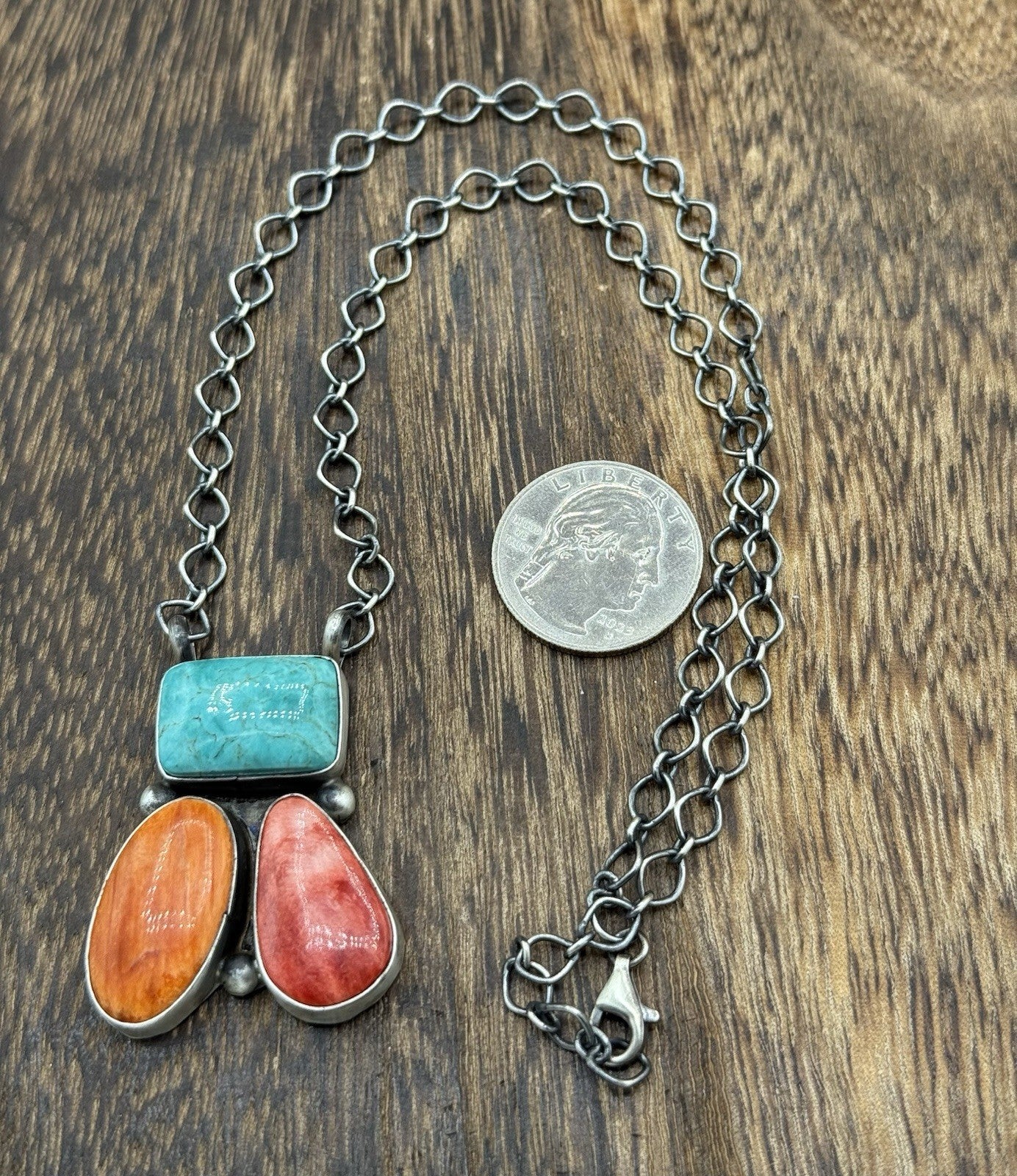 Navajo Handmade Sterling Silver Multi stone Turquoise  Cluster Bar Necklace 18”