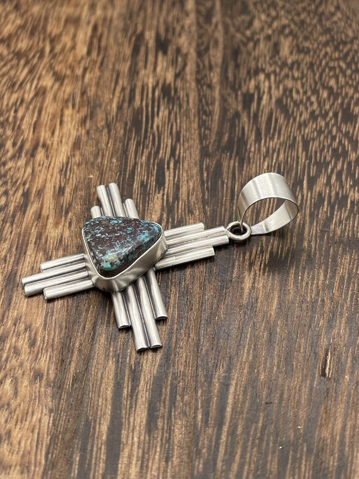 Native American Sterling Silver Navajo Handmade Turquoise Zia Pendant -Betta Lee