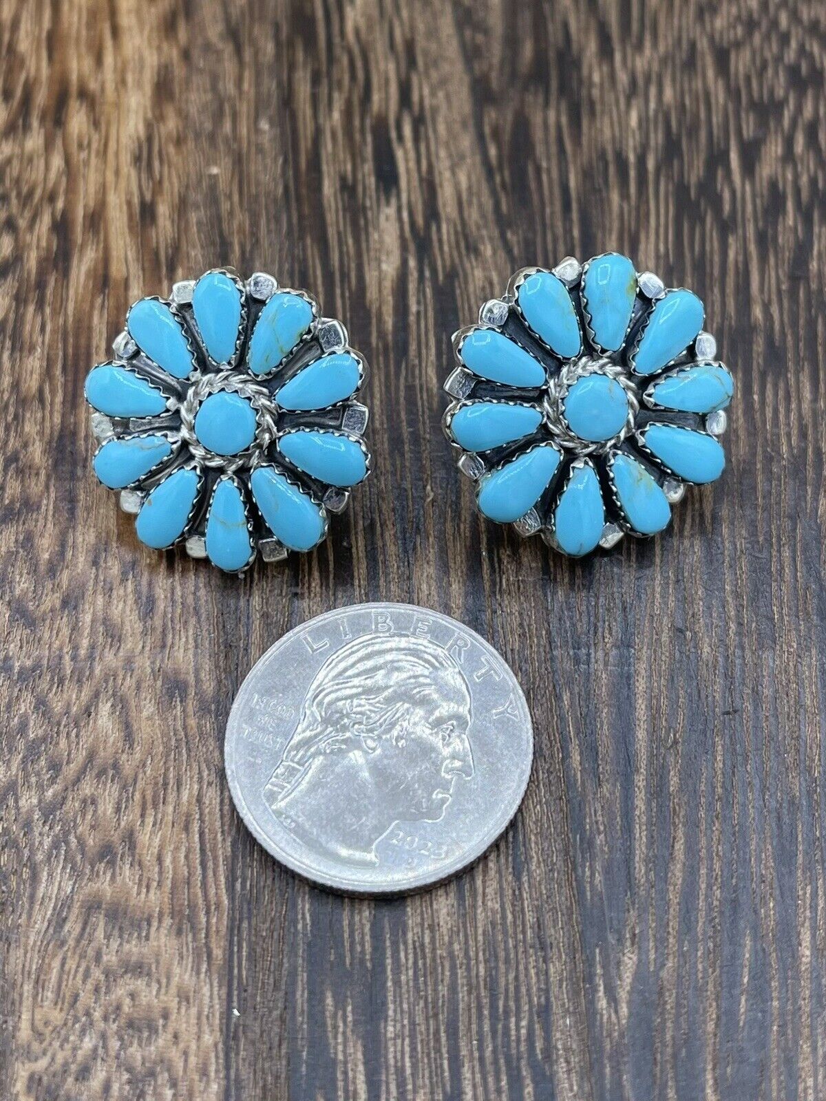 Native American Navajo Handmade Sterling Silver Turquoise Cluster Stud Earrings