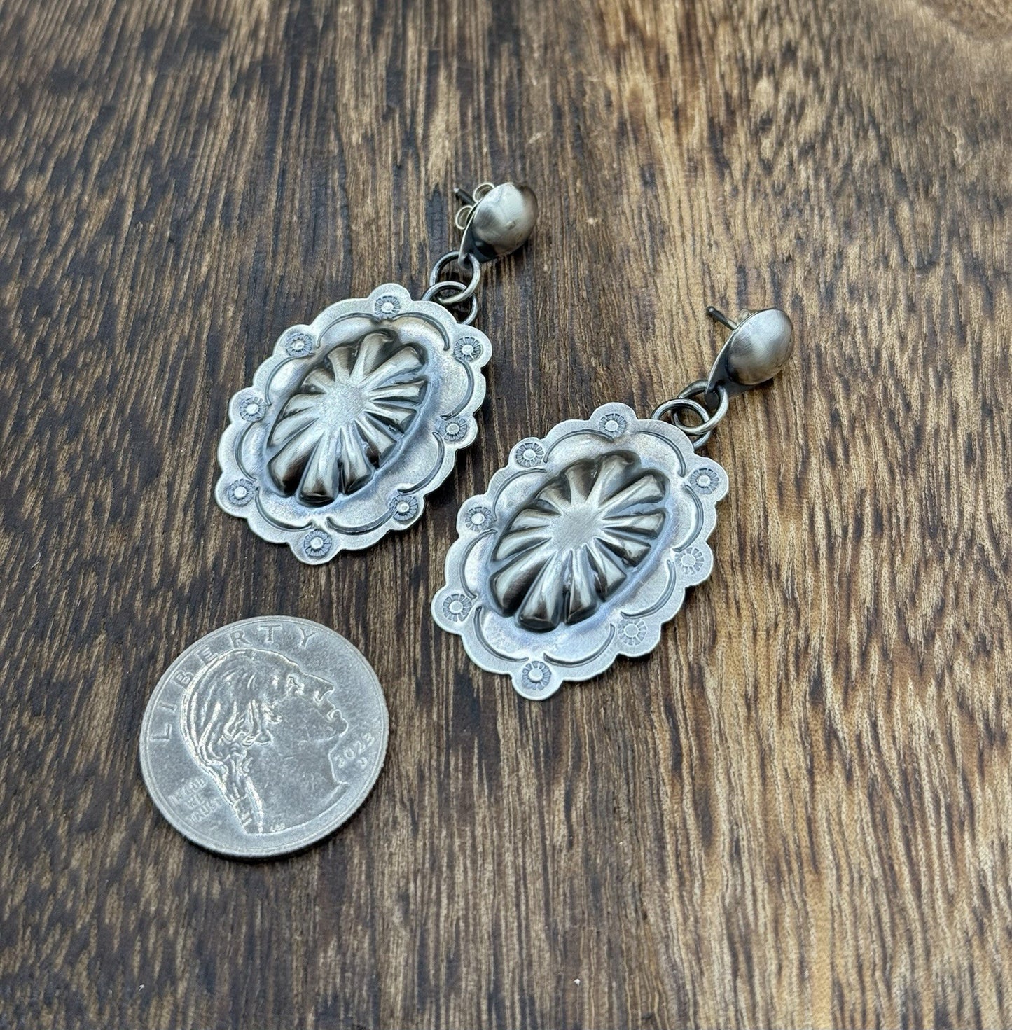 Navajo Handmade Sterling Silver Old Look Stamped Concho Design Post Earrings