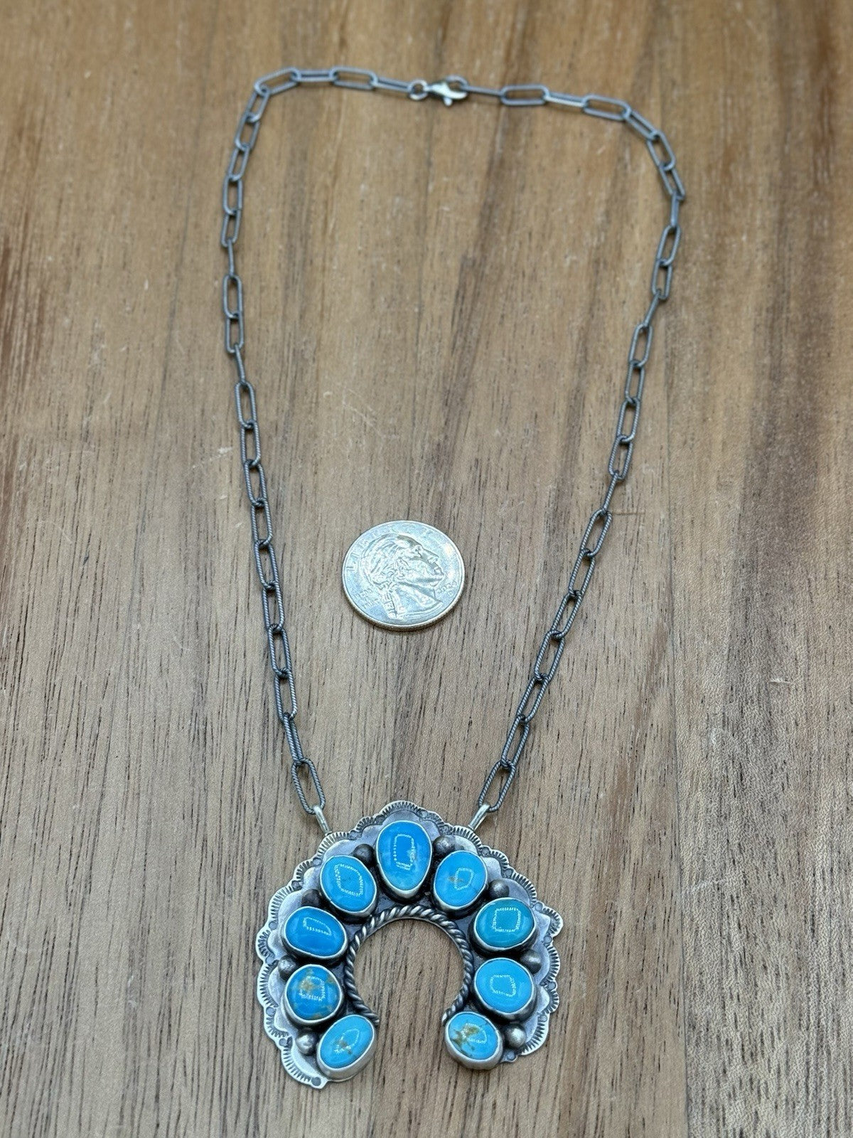 Navajo Handmade Sterling Silver Kingman Turquoise Stamped Naja Bar Necklace 18”