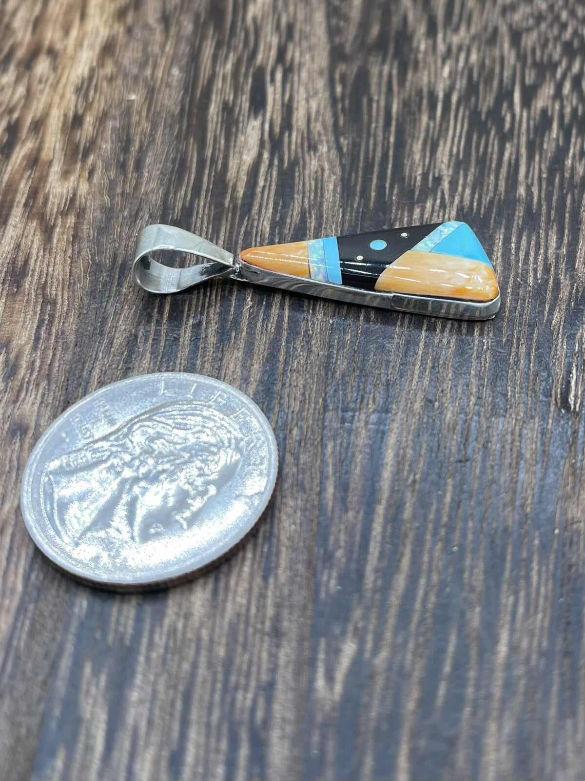 Native American Navajo Handmade Sterling Silver Multi Stone Inlay Pendant