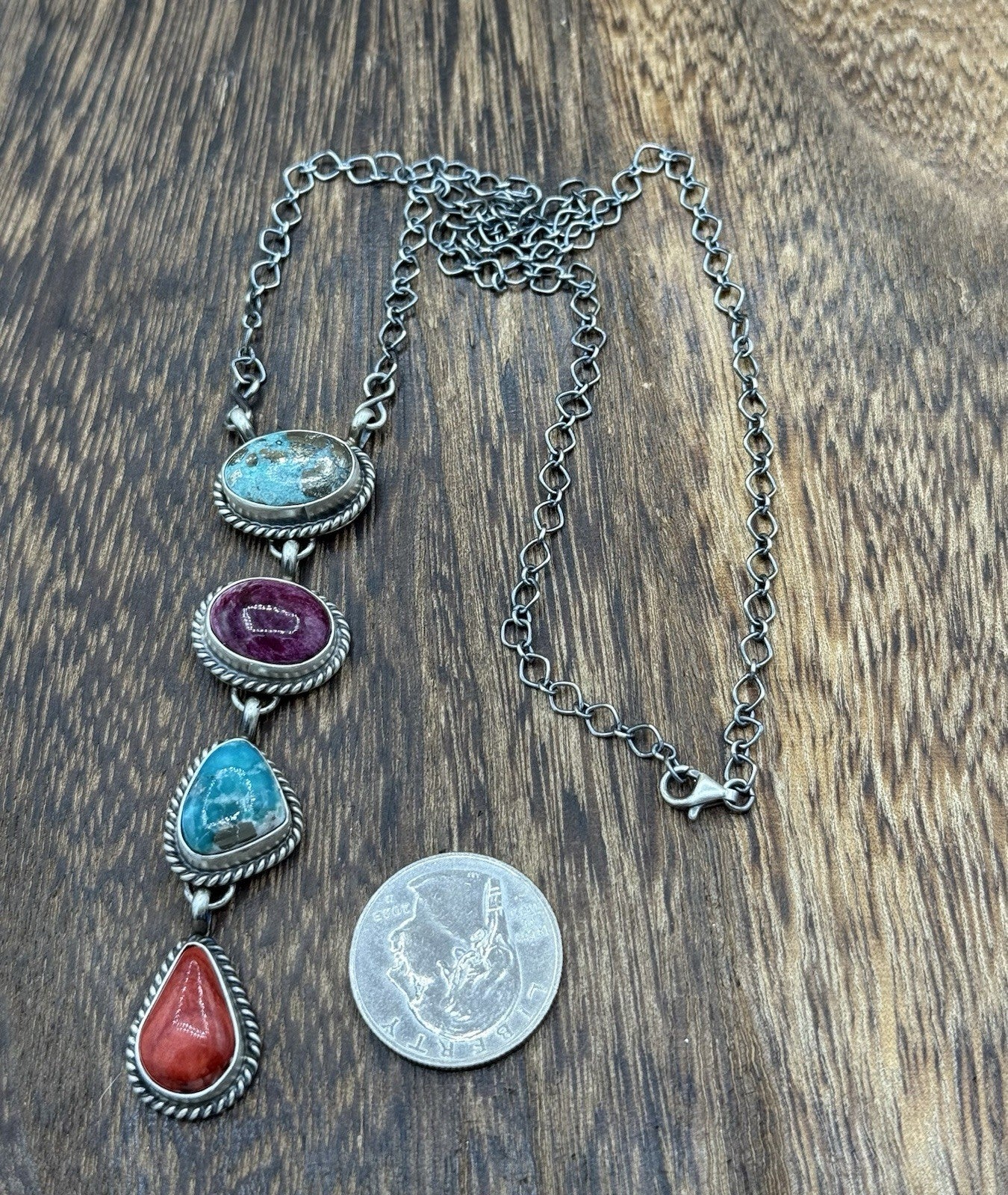 Navajo Handmade Sterling Silver Multi Color Mixed Stone Lariat Necklace 18”