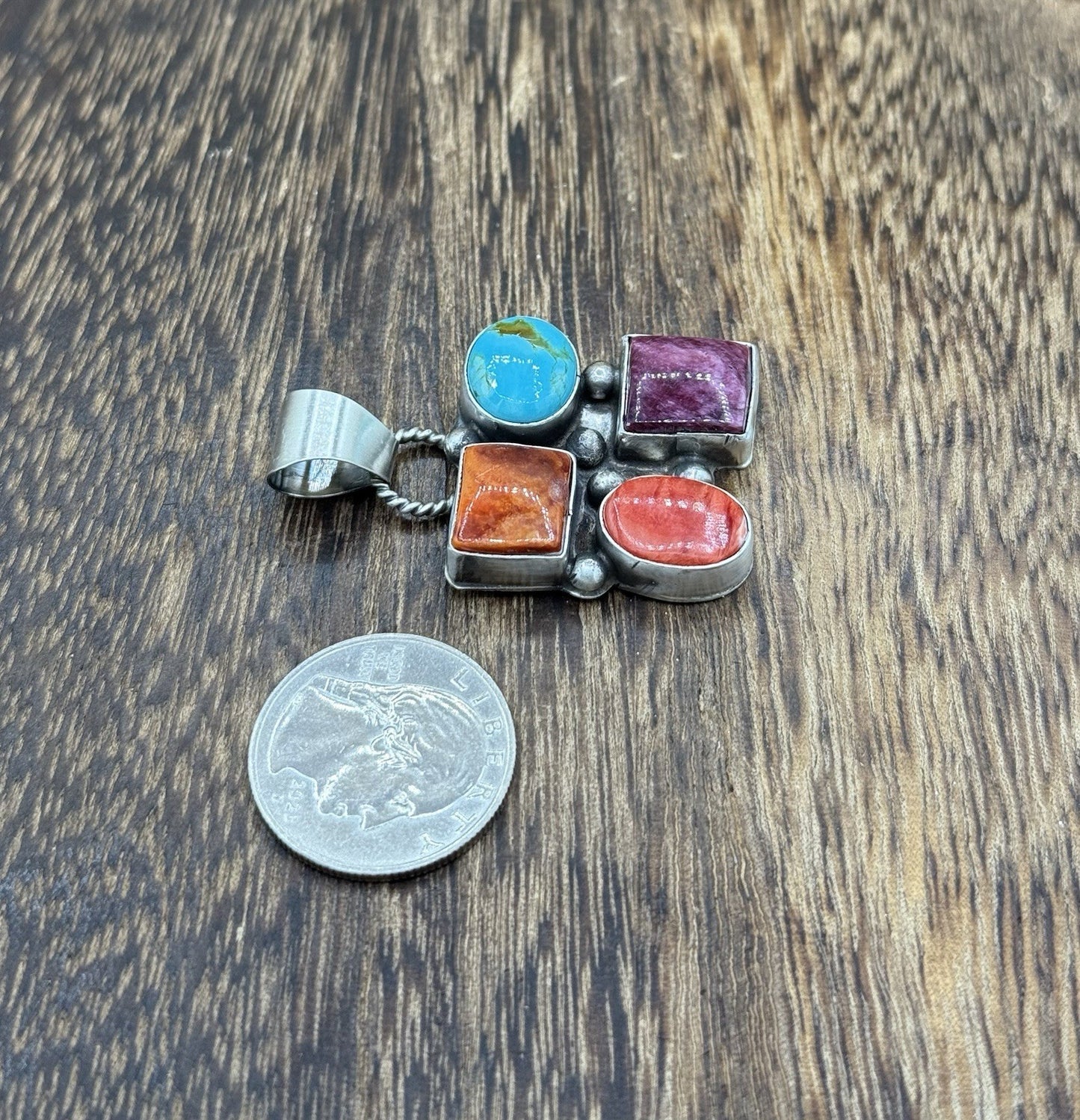 Navajo Handmade Sterling Silver Multi Color Turquoise Spiny Cluster Pendant