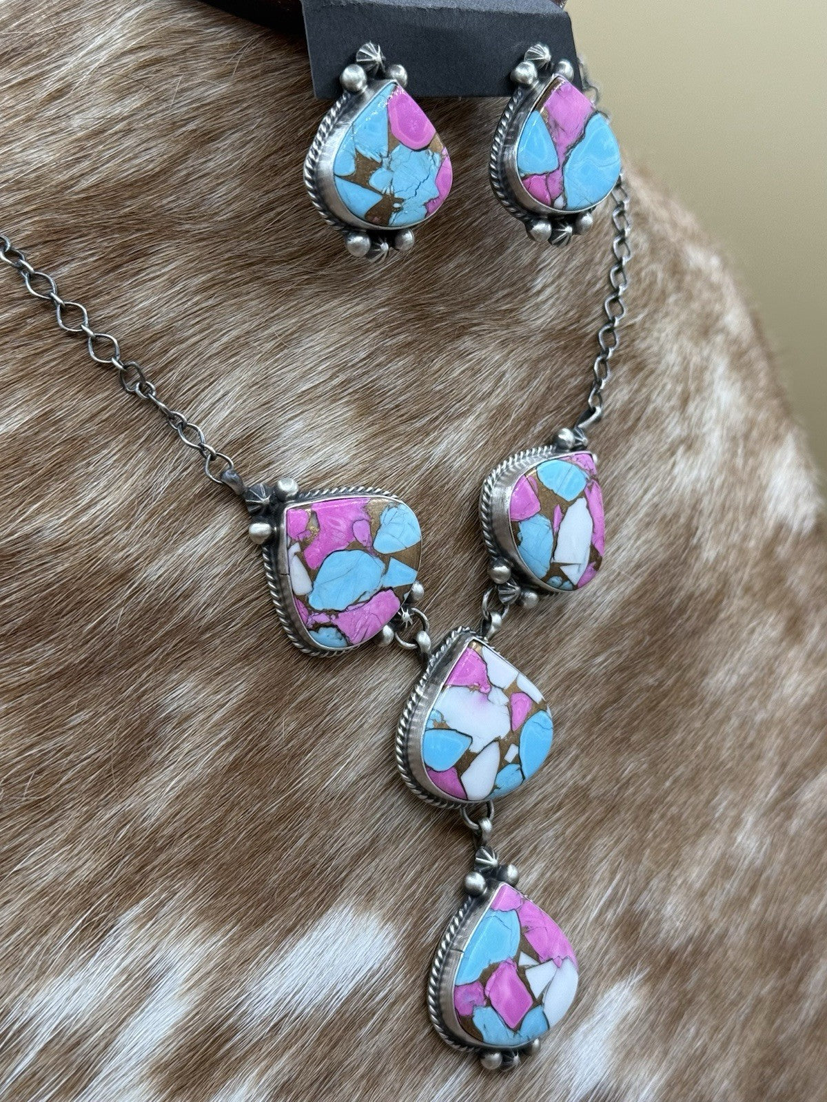 Navajo Handmade Sterling Silver Cotton Candy Dahlia Lariat Necklace Set 18”