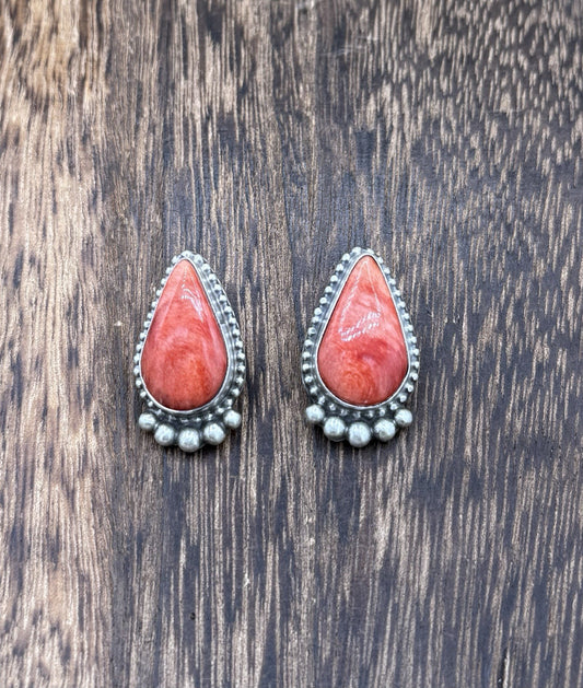 Native Navajo Handmade Sterling Silver Red Spiny Oyster Shell Post Stud Earrings