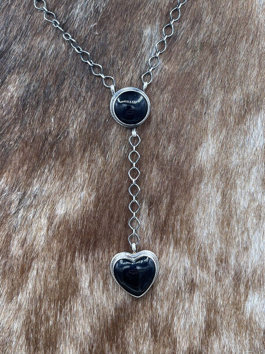 Native American Navajo Handmade Silver Black Onyx Y Lariat Bar Necklace 16”