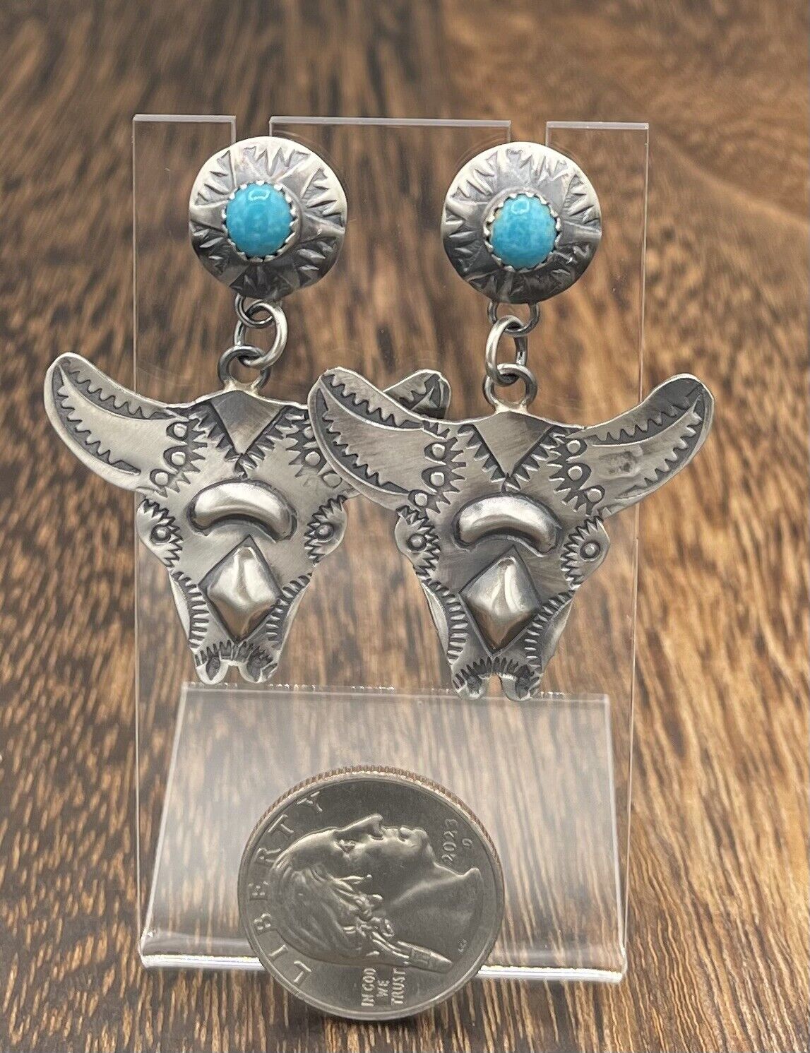 Native American Sterling Silver Navajo Handmade Oldlook Turquoise Earrings