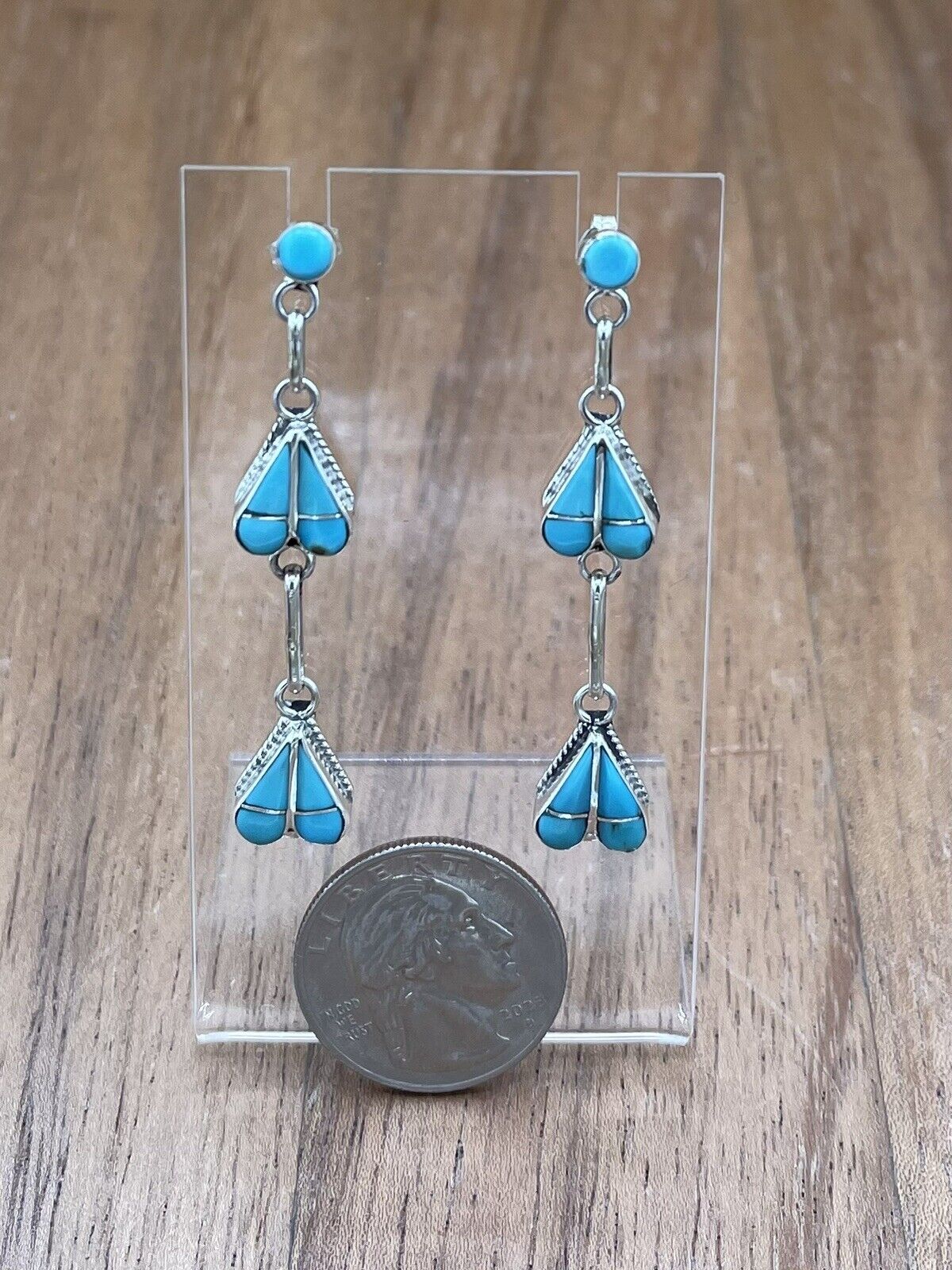 Native American Zuni Handmade Silver Inlay Turquoise Post Dangle Drop Earrings