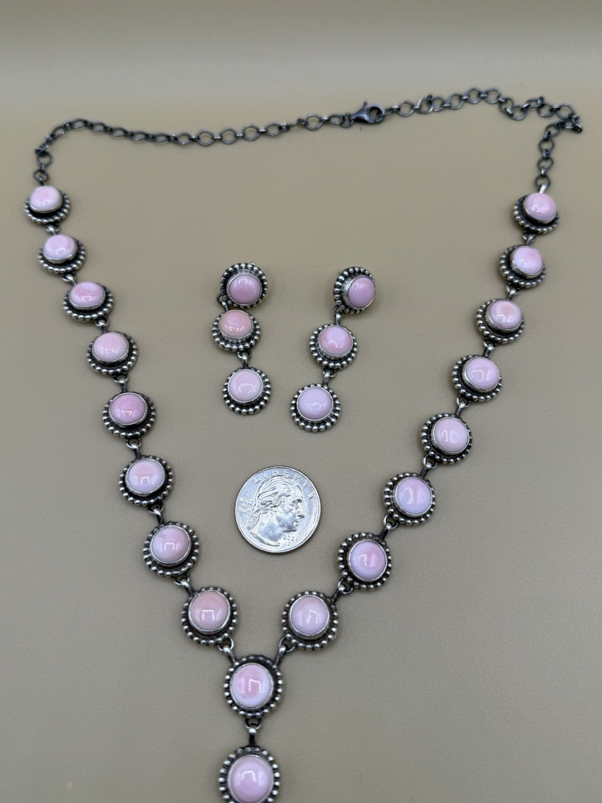 Navajo Handmade Sterling Silver Pink Conch Lariat Dangle Necklace Super Long
