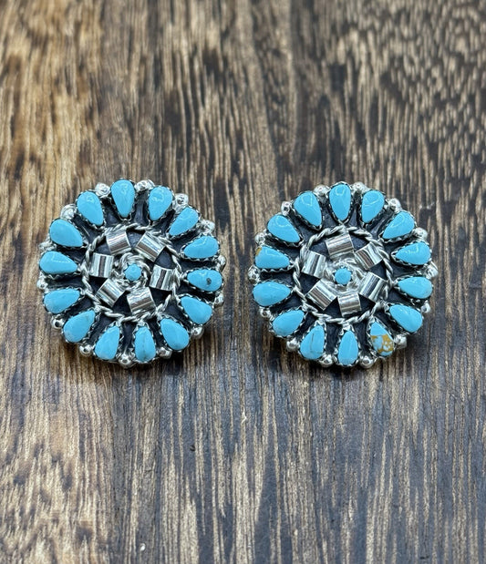 Native American Navajo Handmade Sterling Silver Turquoise Cluster Post earrings
