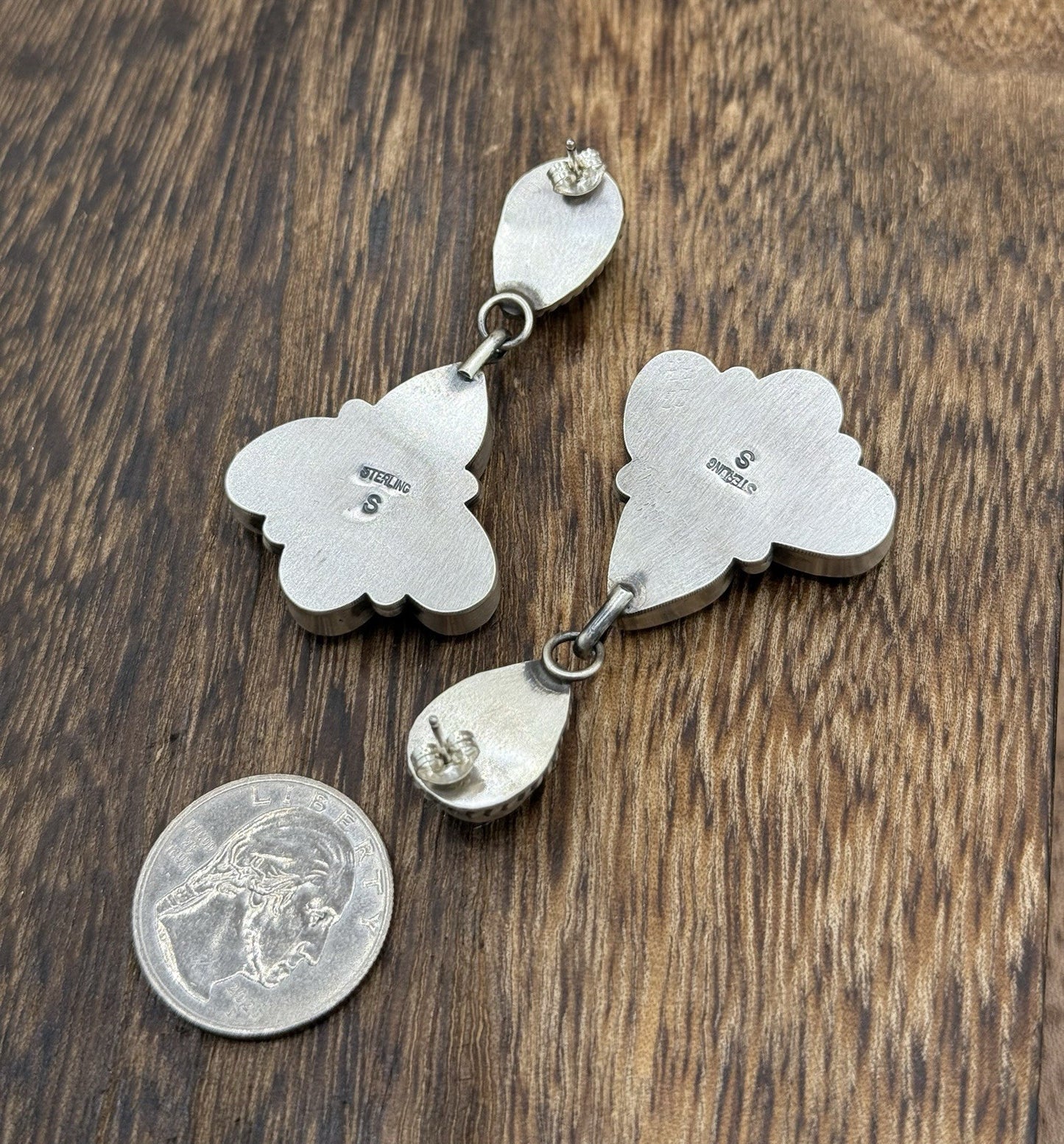 Navajo Handmade Sterling Silver Blue Bird Turquoise Cluster Post Dangle Earrings