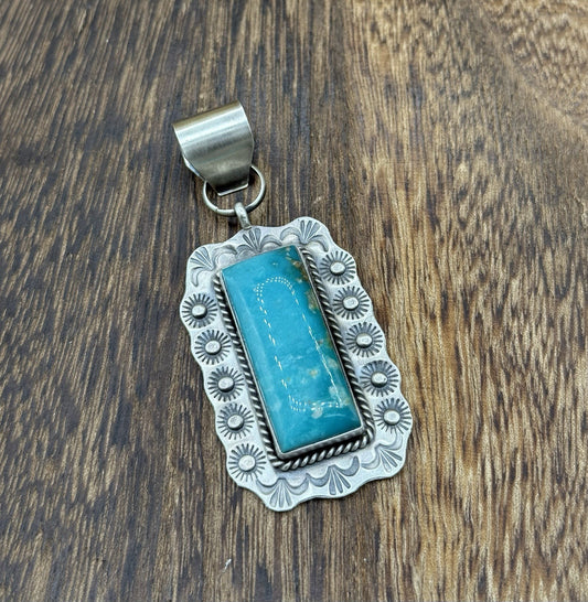 Navajo Handmade Sterling Silver Royston Turquoise Stamped Design Drop Pendant