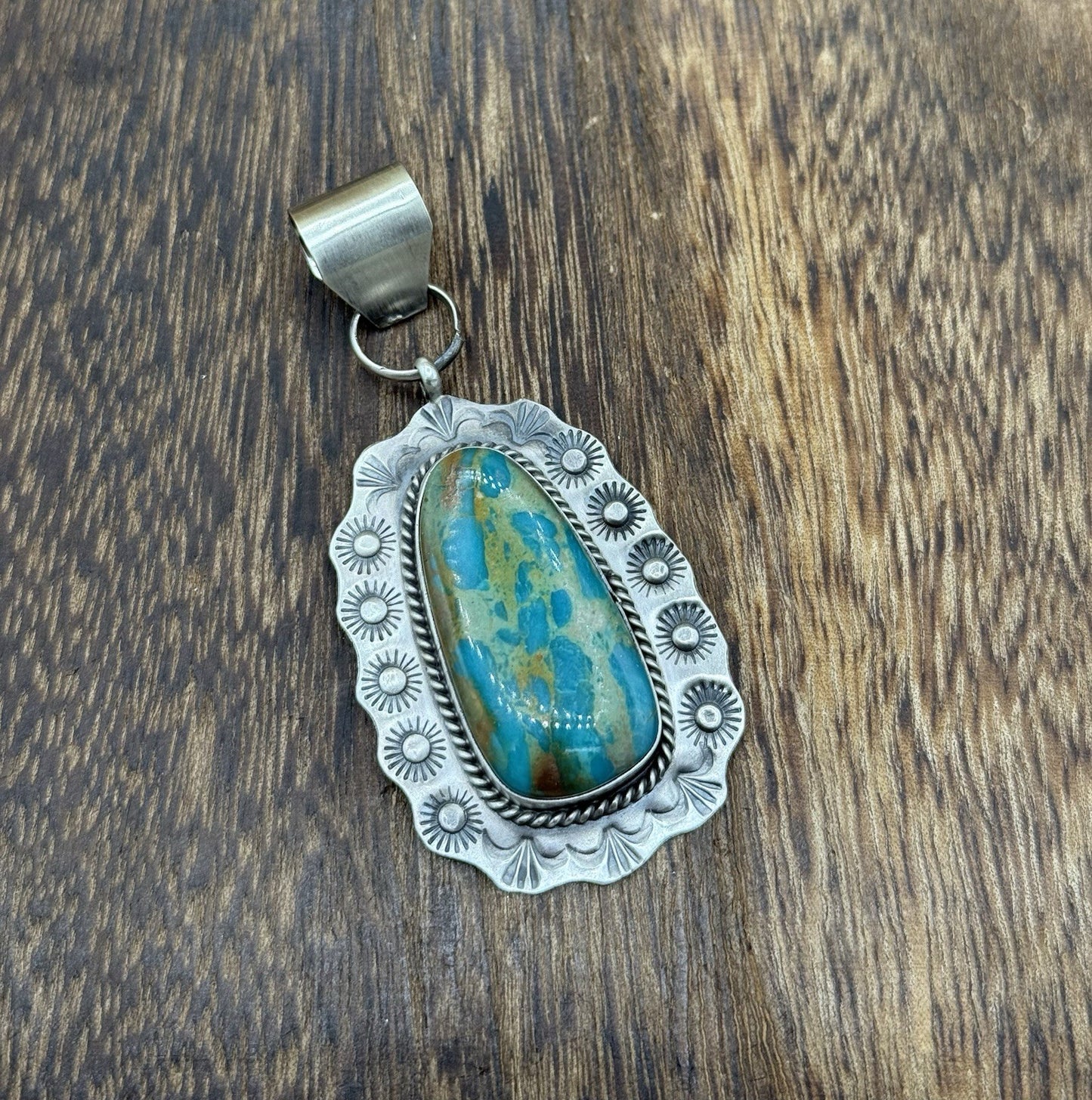Navajo Handmade Sterling Silver Royston Turquoise Stamped Design Drop Pendant