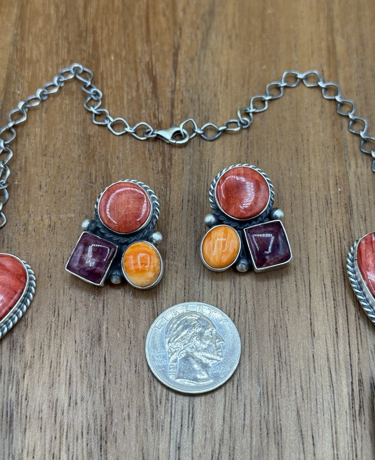 Navajo Handmade Sterling Silver Multi Spiny Oyster Shell Cluster Lariat Necklace