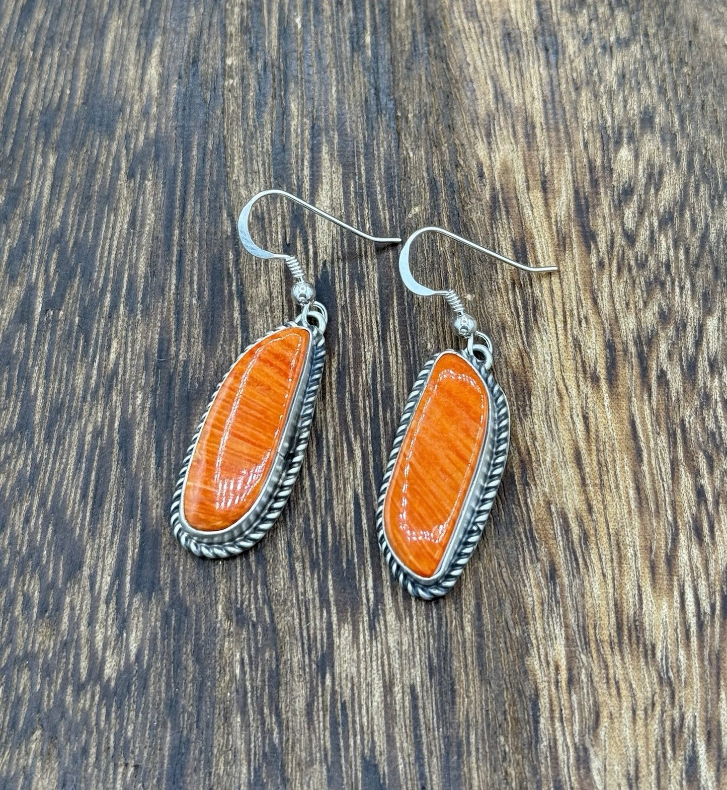 Native Navajo Handmade Sterling Silver Orange Spiny Oyster Shell Dangle Earrings