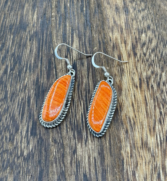 Native Navajo Handmade Sterling Silver Orange Spiny Oyster Shell Dangle Earrings
