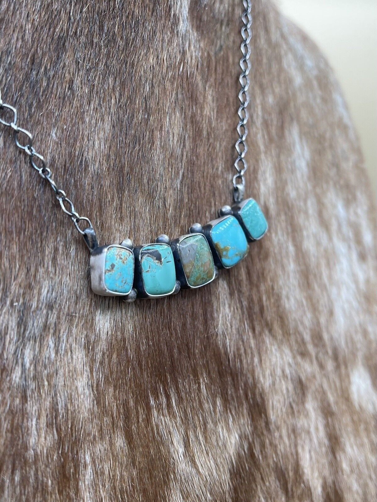 Native American Navajo Handmade Sterling Silver Mixed Turquoise Bar Necklace 18”