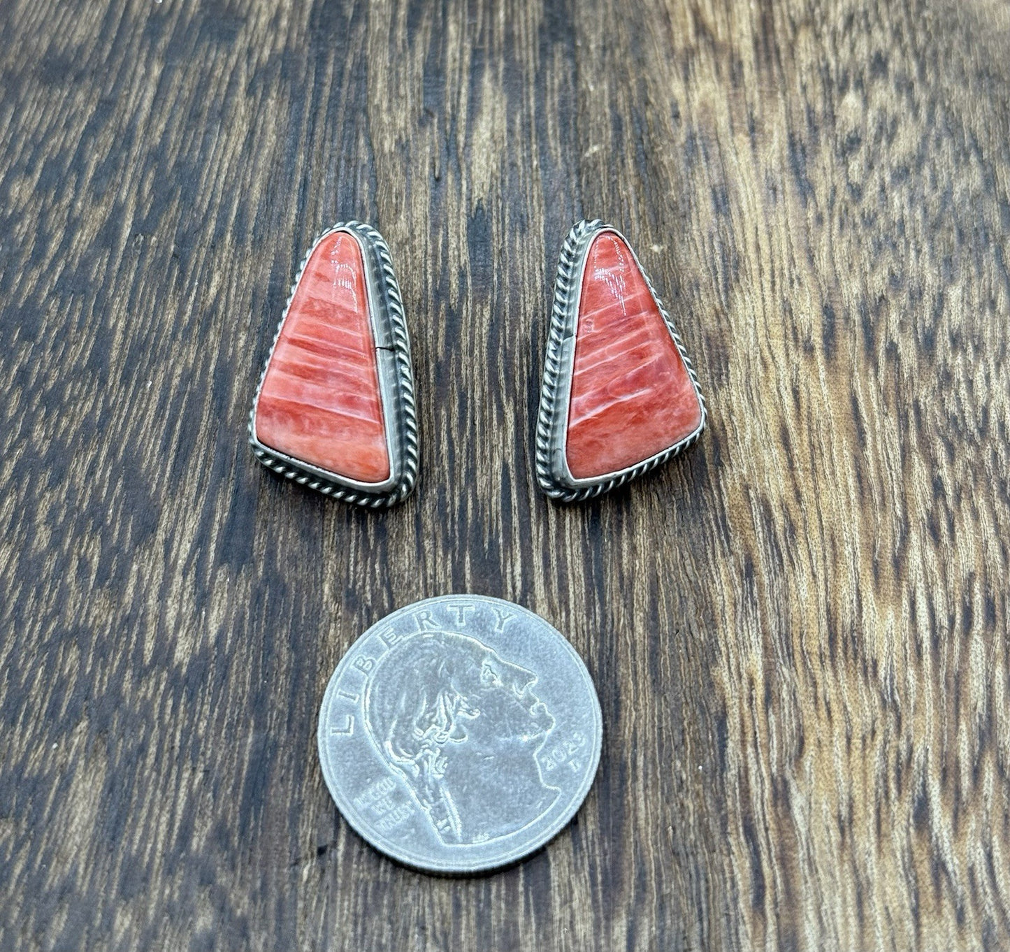 Native Navajo Handmade Sterling Silver Red Spiny Oyster Shell Post Stud Earrings