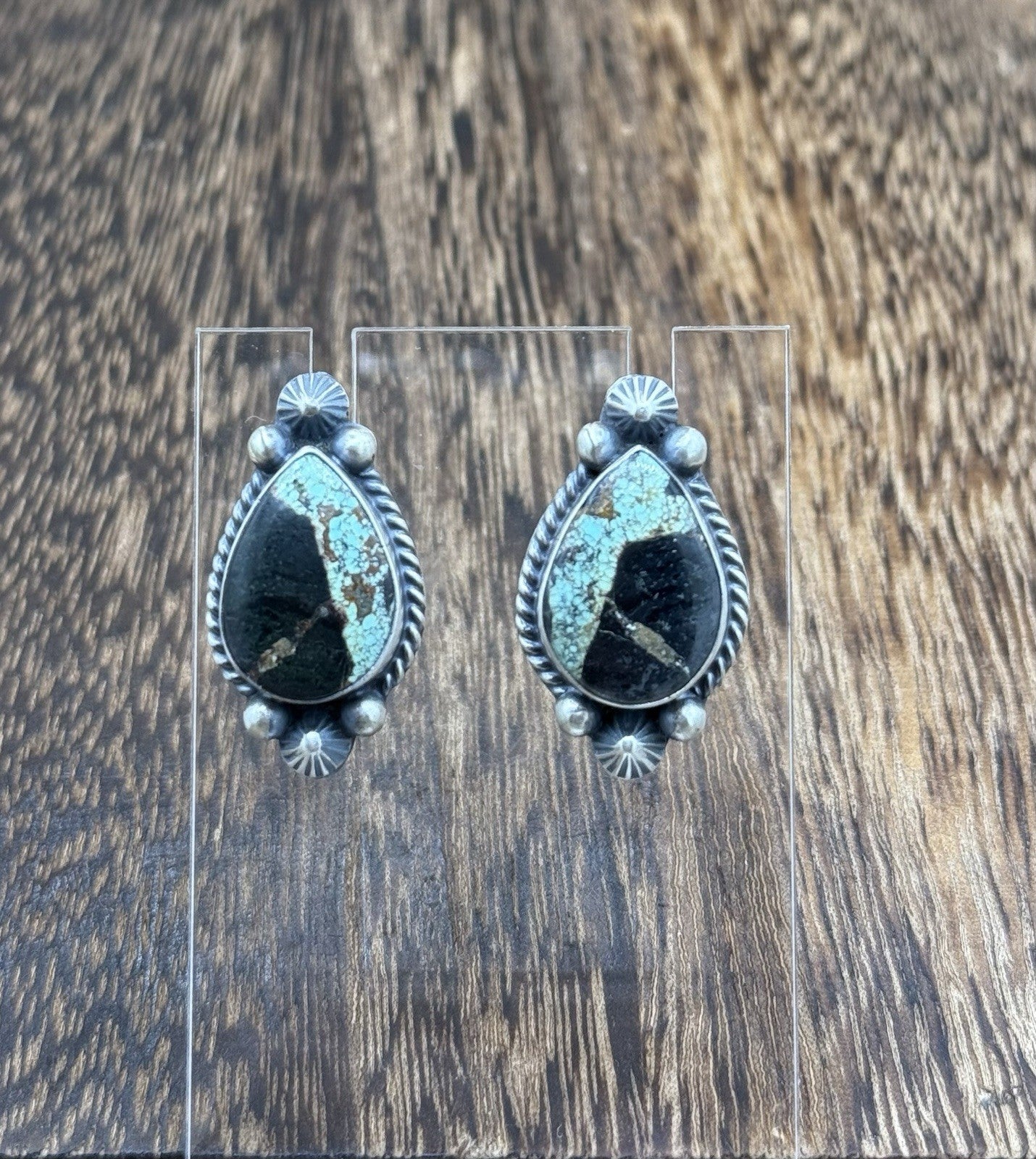 Navajo Handmade Sterling Silver Blackjack Turquoise Old Look Post Stud Earrings