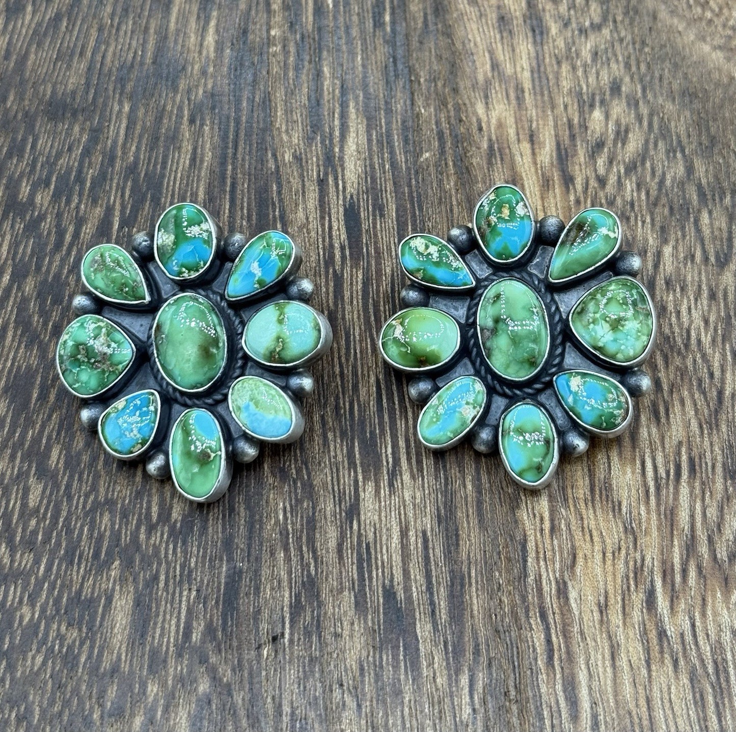 Navajo Handmade Sterling Silver Sonoran Gold Turquoise Cluster Post Earrings