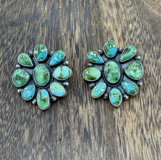 Navajo Handmade Sterling Silver Sonoran Gold Turquoise Cluster Post Earrings