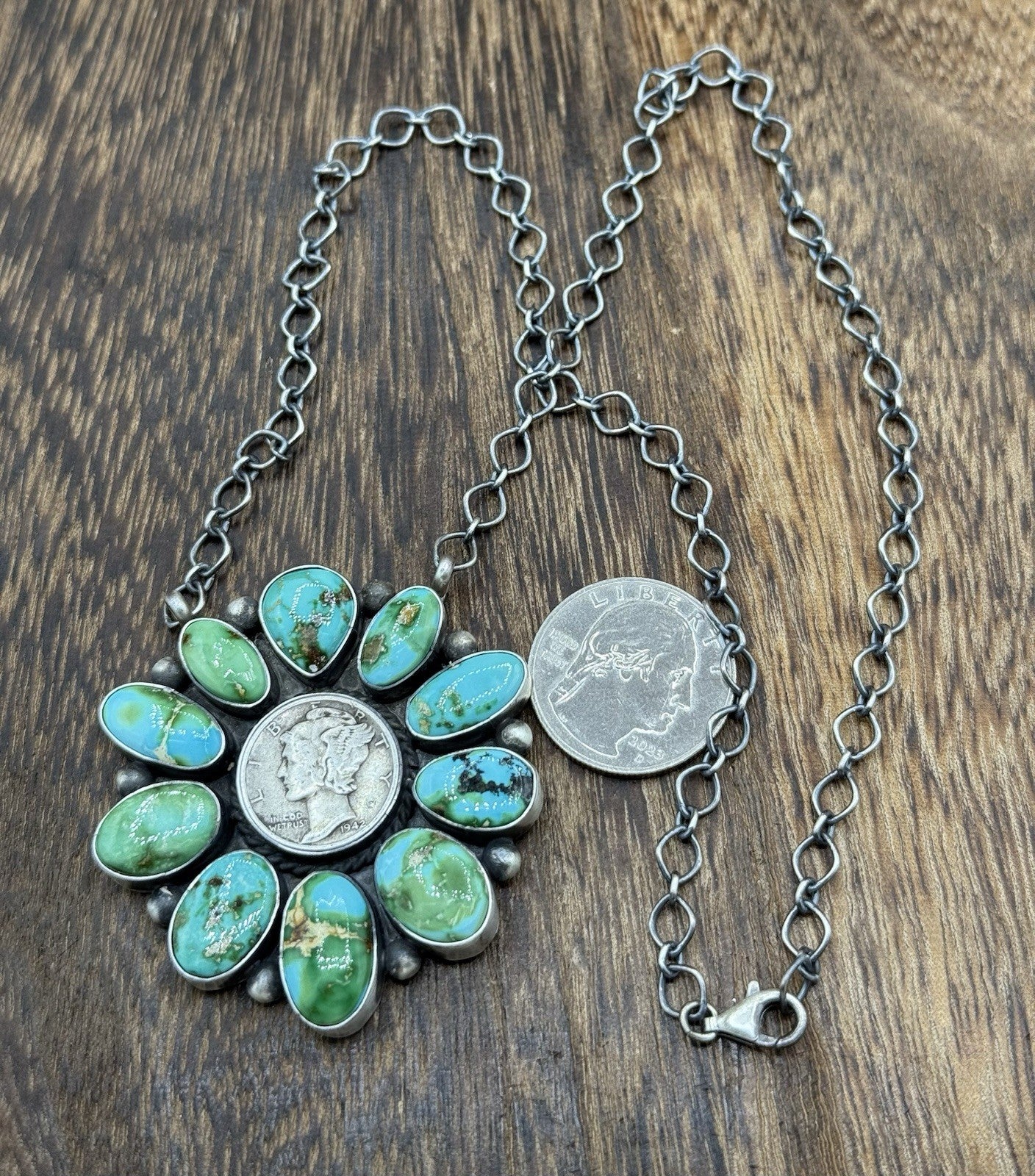 Navajo Handmade Silver Sonoran Gold Turquoise Liberty Coin Cluster Necklace 18”