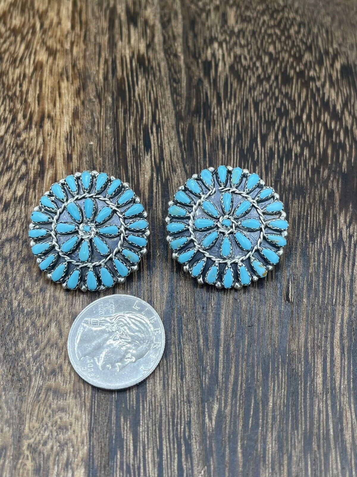 Native American Navajo Handmade Sterling Silver Turquoise Cluster Post earrings