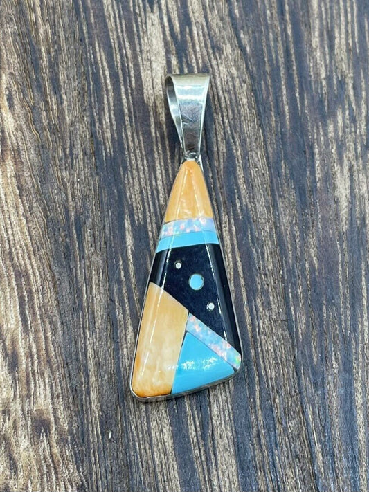 Native American Navajo Handmade Sterling Silver Multi Stone Inlay Pendant