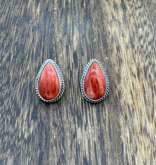 Native Navajo Handmade Sterling Silver Red Spiny Oyster Shell Post Stud Earrings