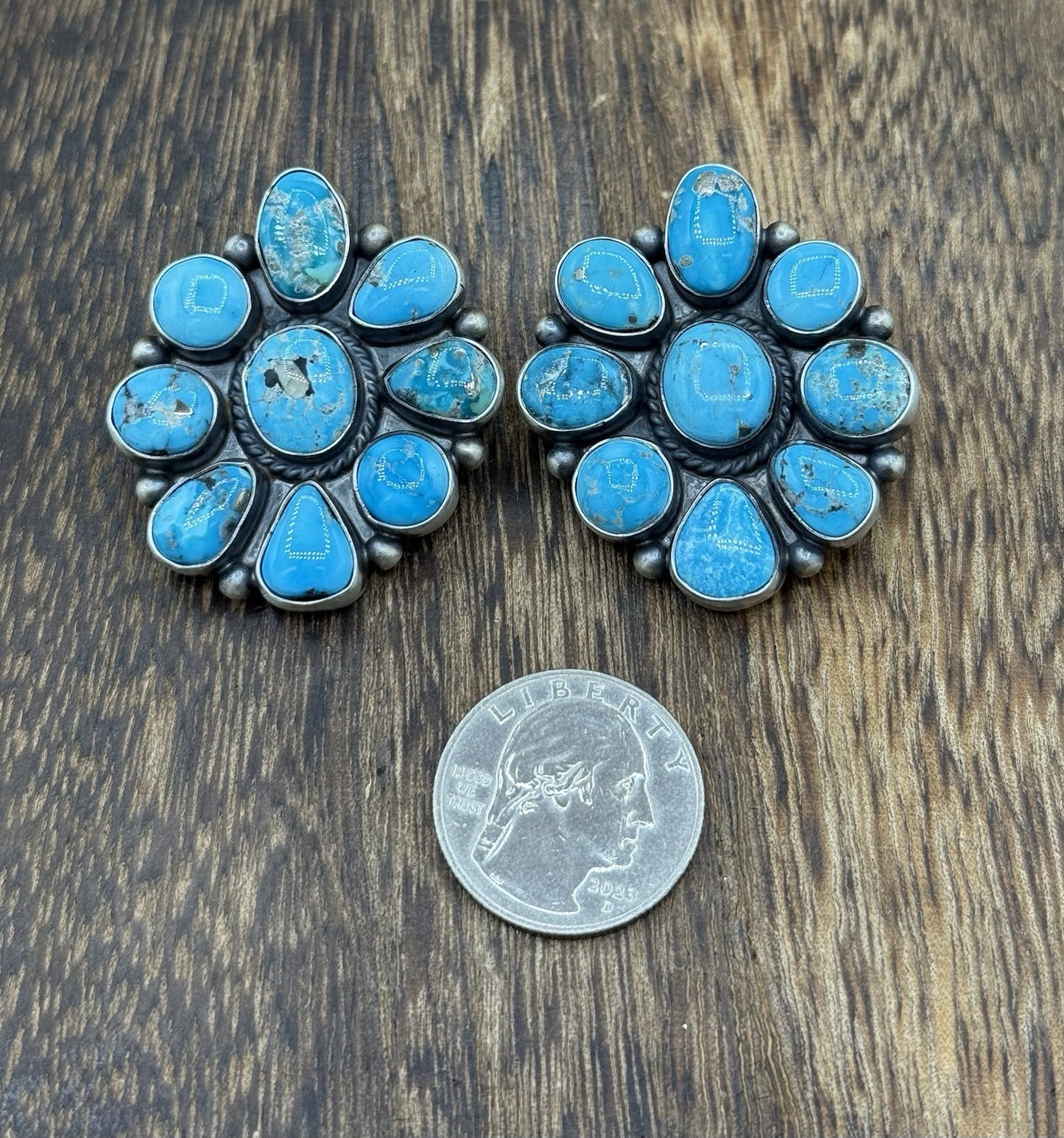Navajo Handmade Sterling Silver Blue Ridge Turquoise Cluster Post Large Earrings