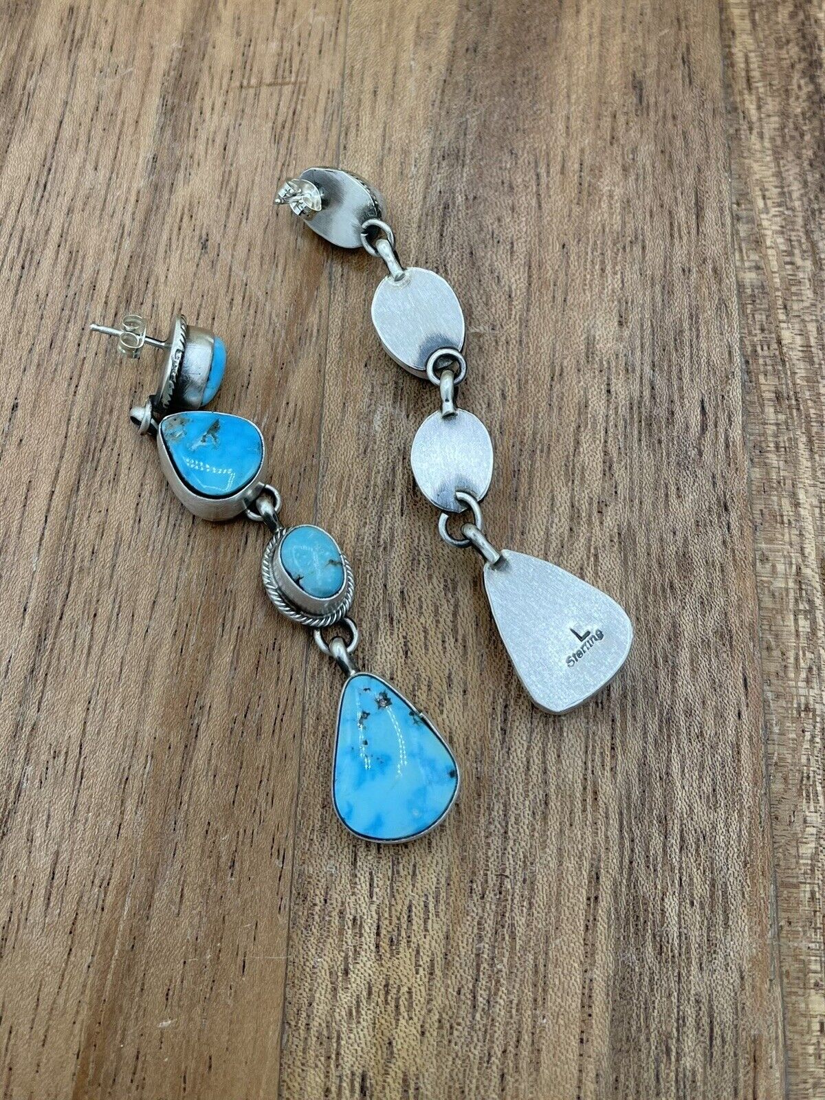 Native American Silver Navajo Handmade Kingman Turquoise Post Dangle Earrings