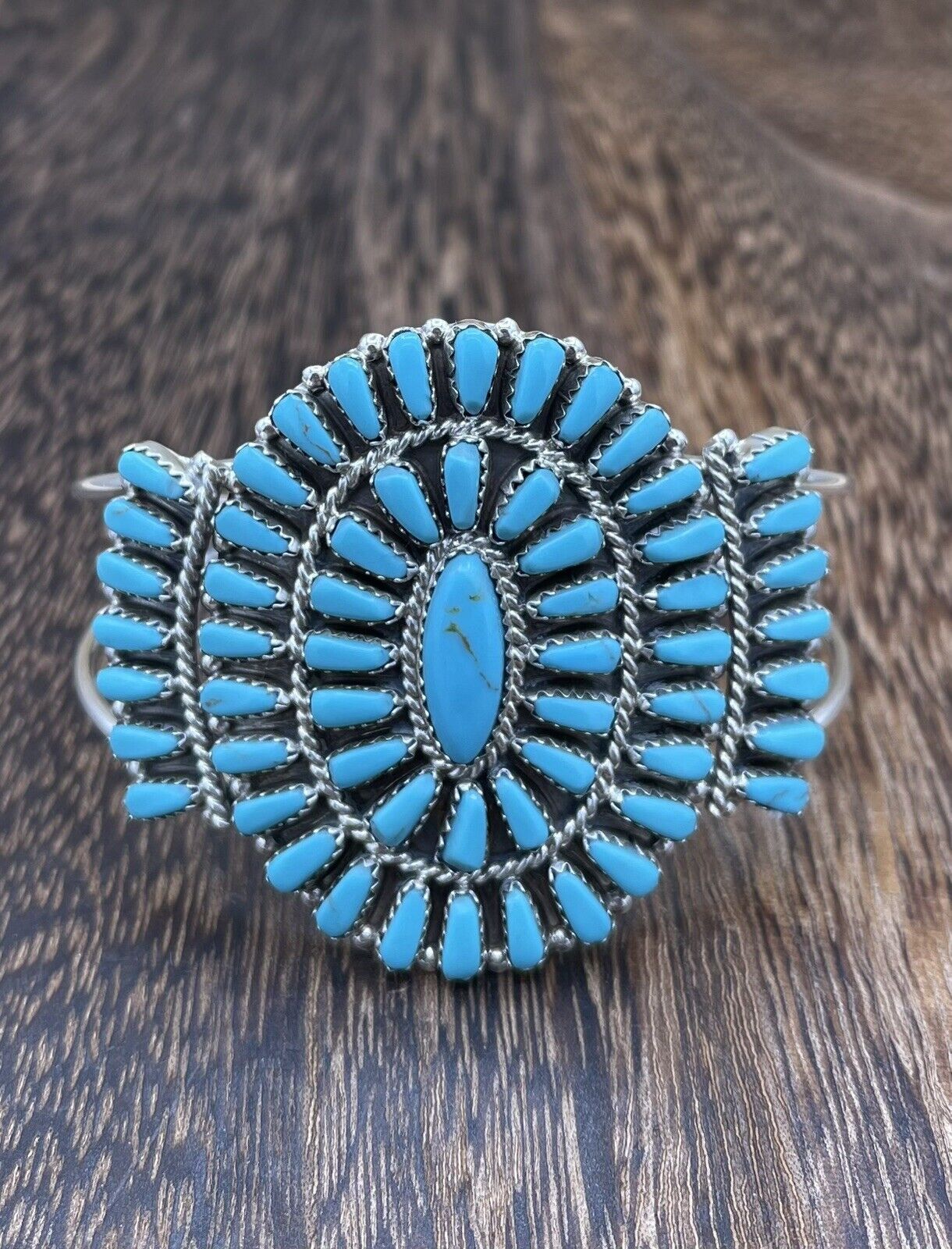 Native American Navajo Handmade Sterling Silver Turquoise Cluster Cuff Bracelet