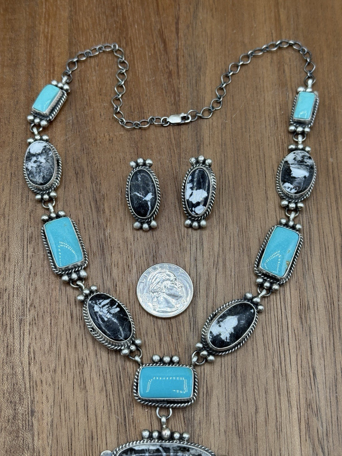 Navajo Handmade Sterling Silver Turquoise &White Buffalo Cluster Lariat Necklace
