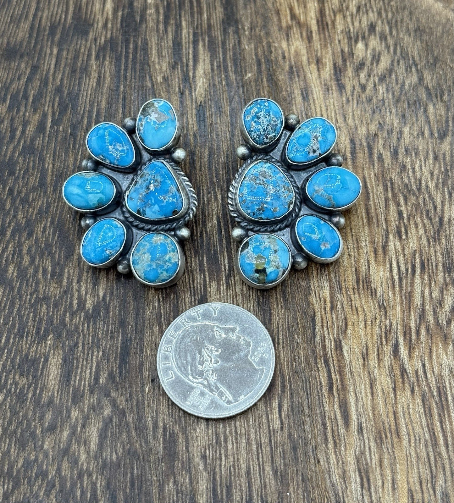 Navajo Handmade Sterling Silver Blue Ridge Turquoise Half Cluster Large Earrings