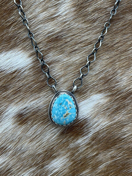 Native American Navajo Handmade Sterling Silver Turquoise Bar Necklace 18”