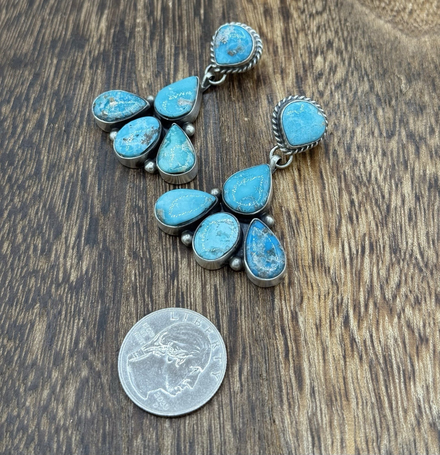 Navajo Handmade Sterling Silver Blue Bird Turquoise Cluster Post Dangle Earrings