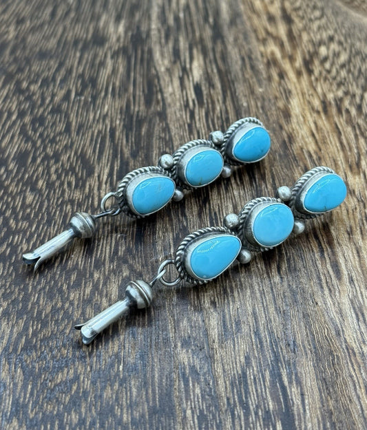 Navajo Handmade Sterling Silver Kingman Turquoise Blossom Post Dangle Earrings