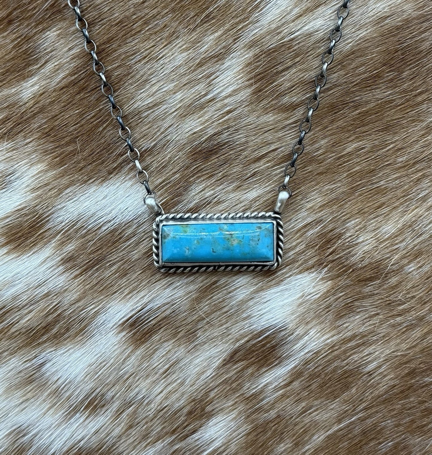 Native Navajo Handmade Sterling Silver Kingman Turquoise Bar Necklace 18”
