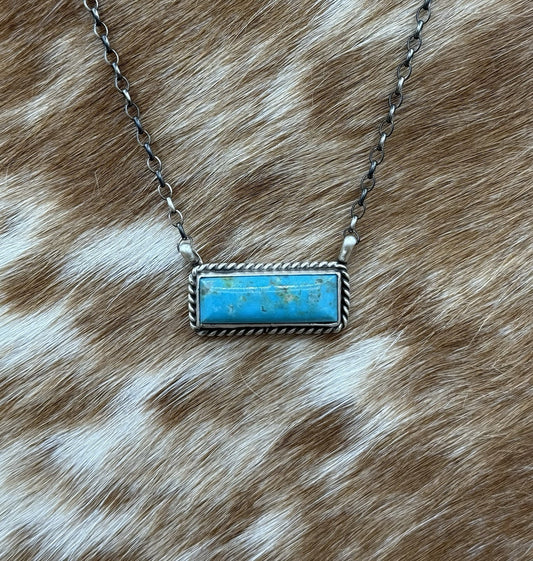 Native Navajo Handmade Sterling Silver Kingman Turquoise Bar Necklace 18”