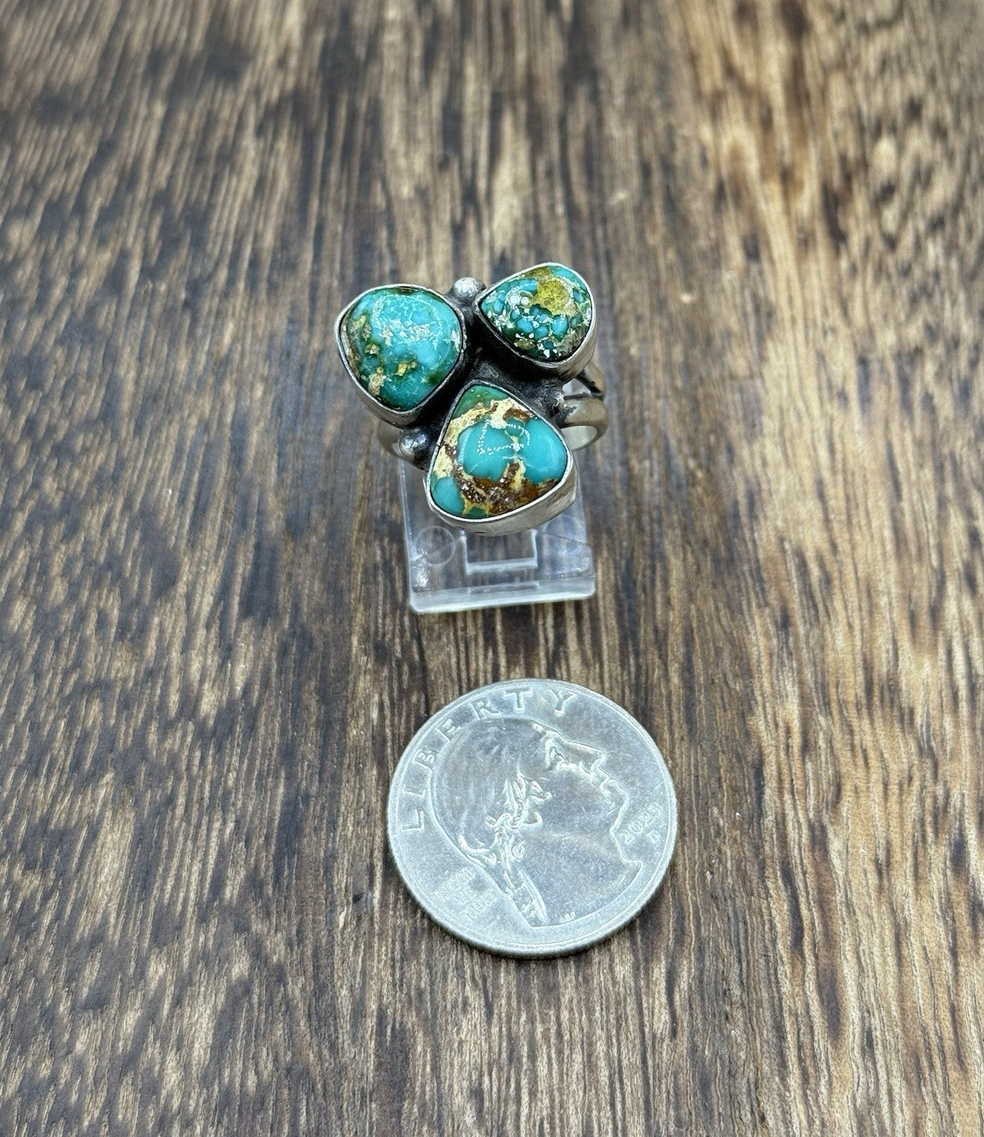 Navajo Handmade Sterling Silver Sonoran Gold Turquoise Cluster Ring Size 7