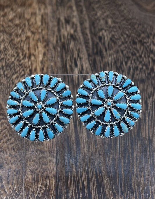 Native American Navajo Handmade Sterling Silver Turquoise Cluster Post earrings