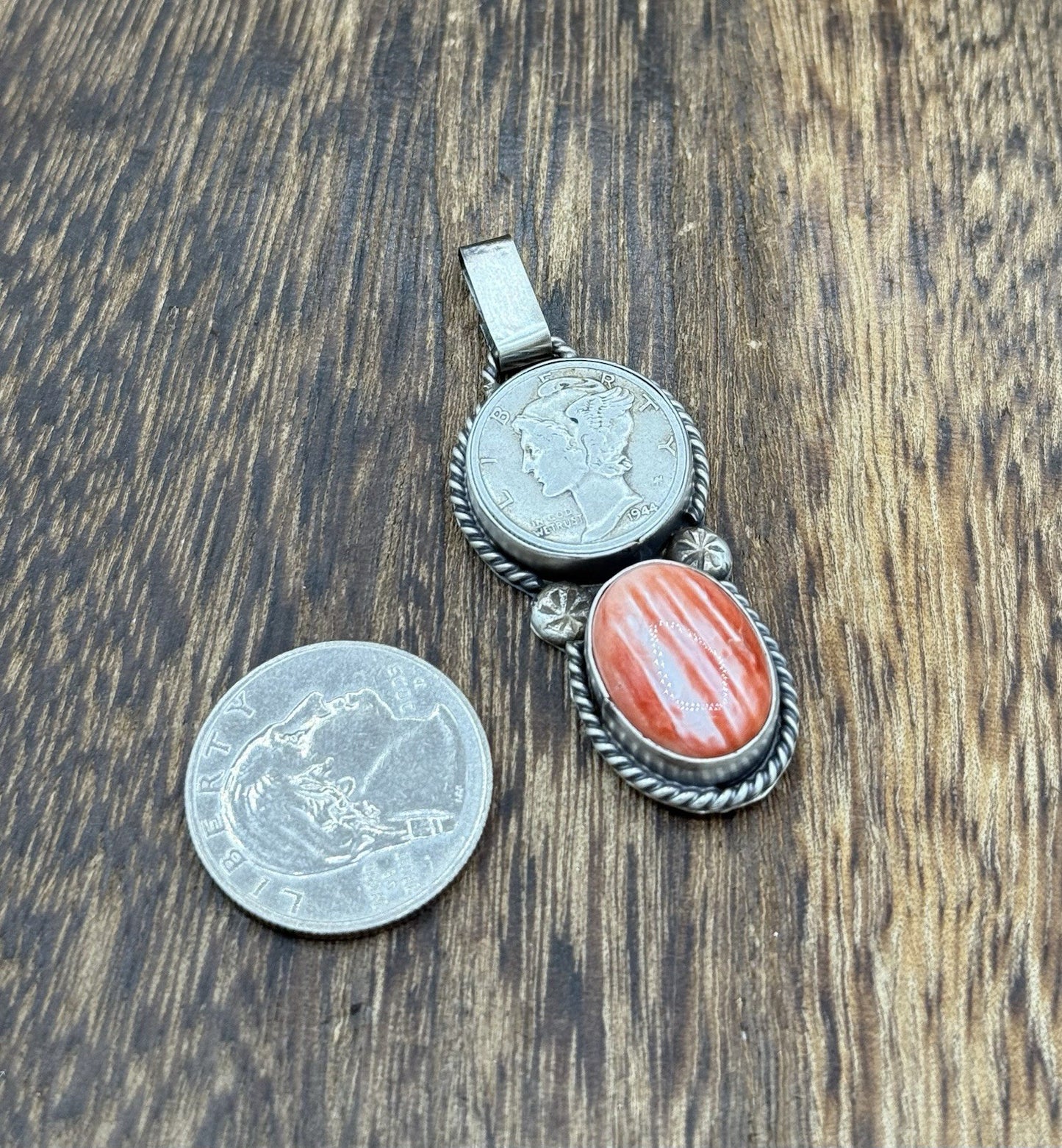 Navajo Handmade Sterling Silver Red Spiny Oyster Shell Liberty Dime Coin Pendant