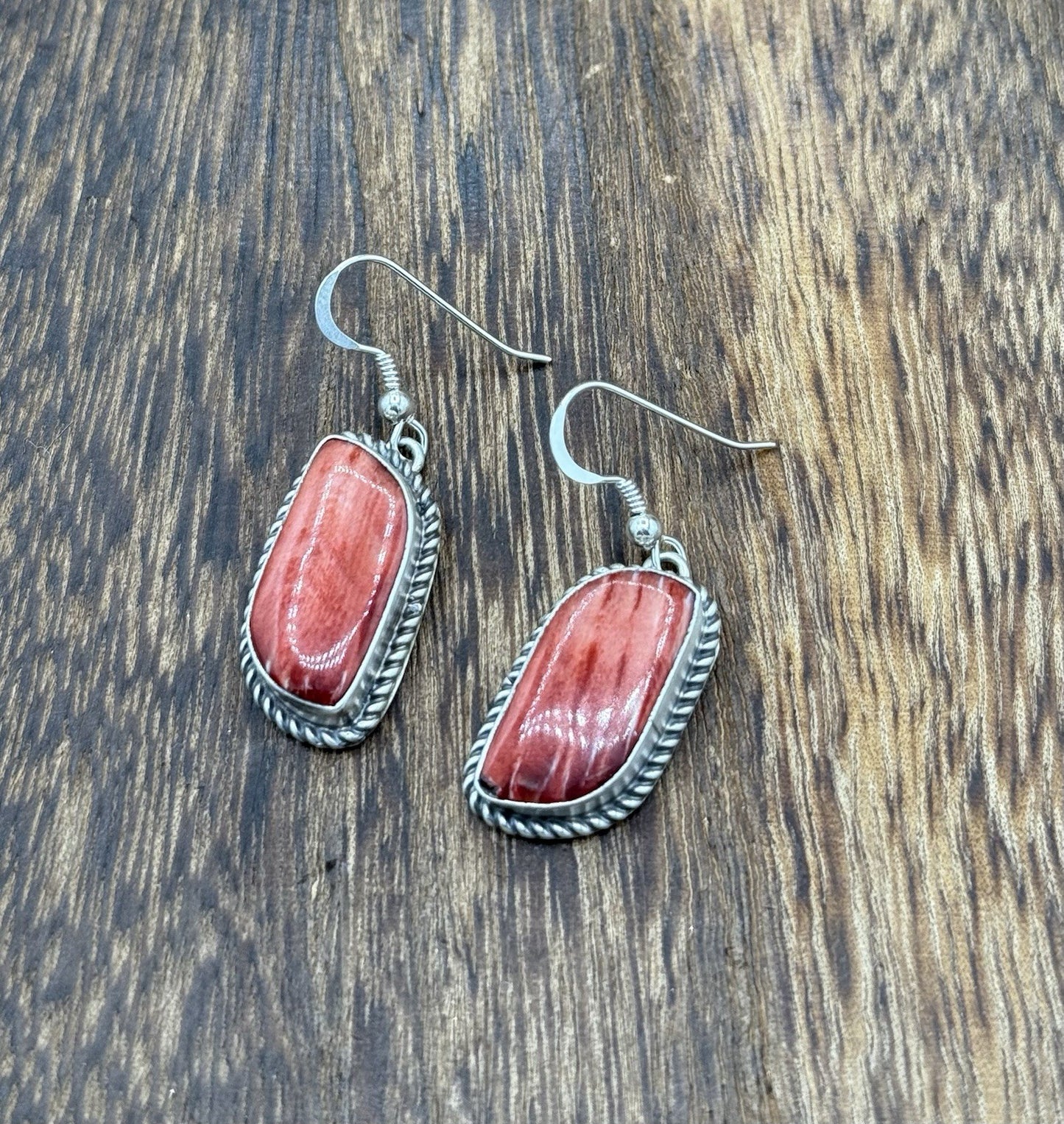 Native Navajo Handmade Sterling Silver Red Spiny Oyster Shell Dangle Earrings