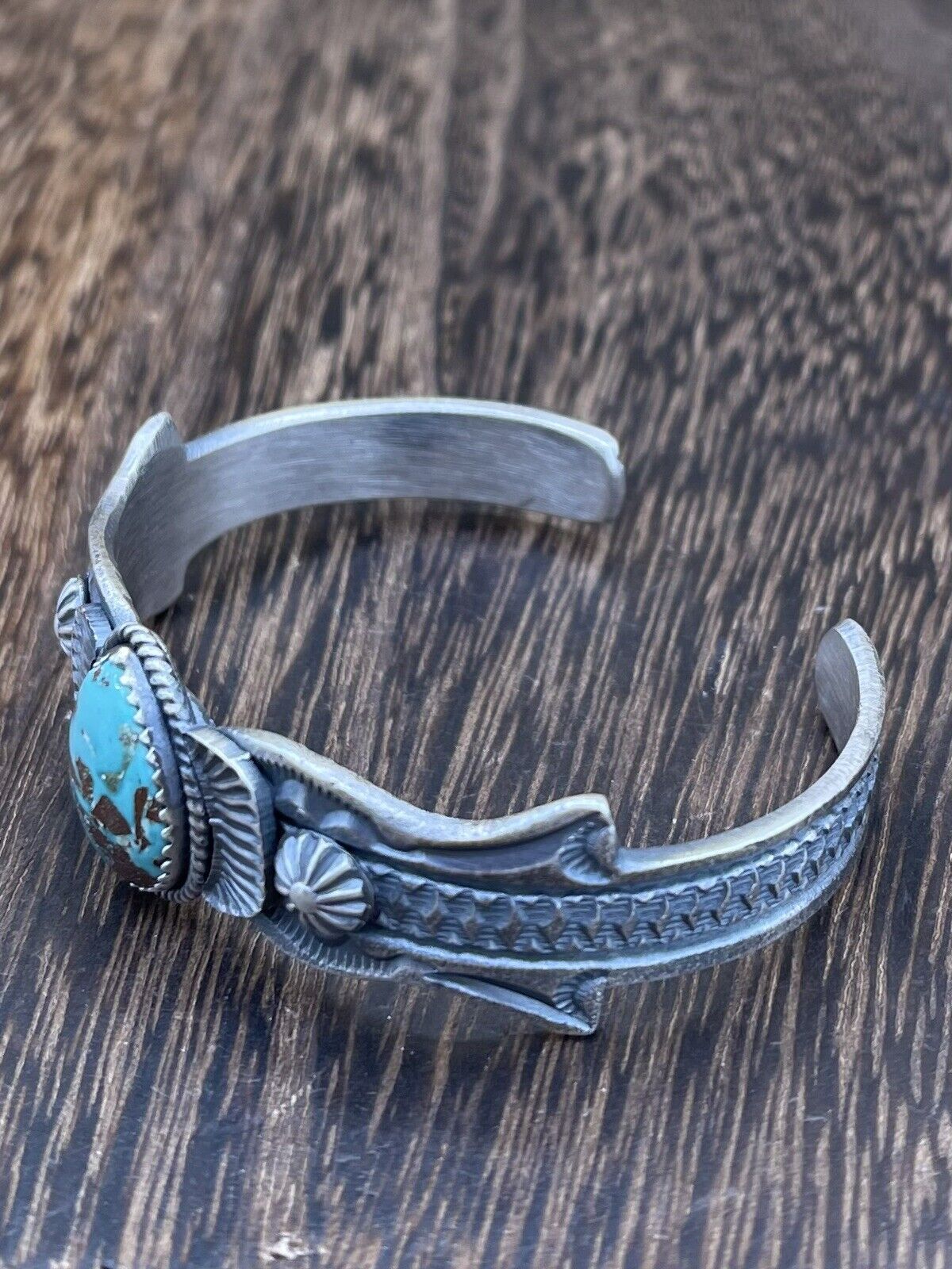 Native American Navajo Handmade Silver Kingman Turquoise Old look Bracelet