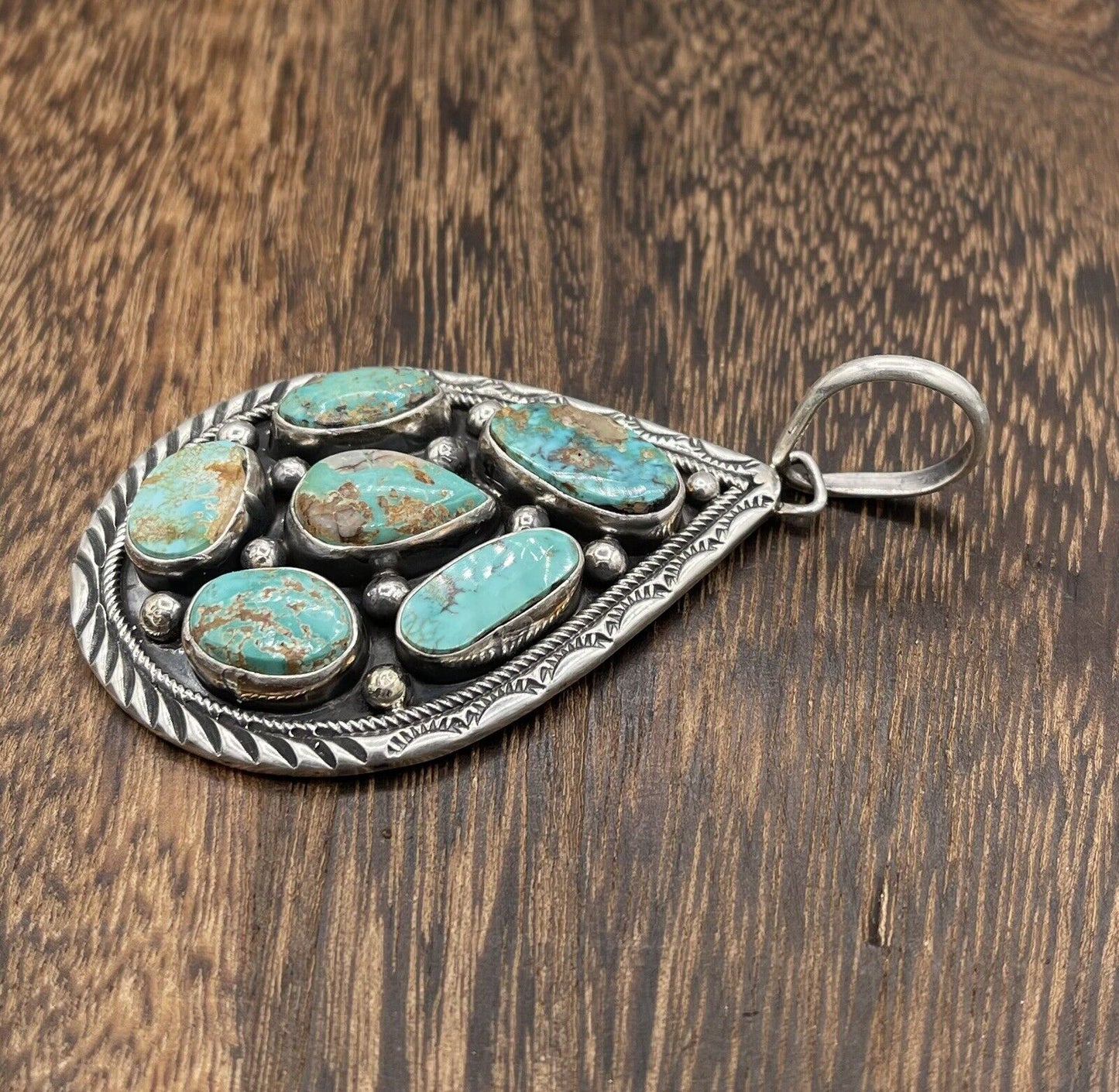 Native American Navajo Handmade Silver Natural  Turquoise Cluster Pendant