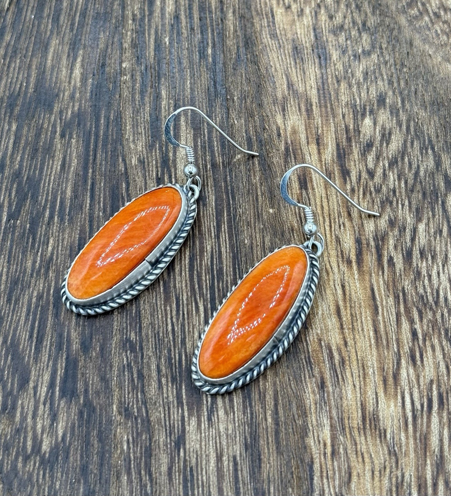 Native Navajo Handmade Sterling Silver Orange Spiny Oyster Shell Dangle Earrings