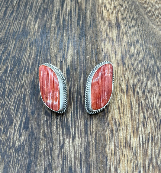 Native Navajo Handmade Sterling Silver Red Spiny Oyster Shell Post Stud Earrings