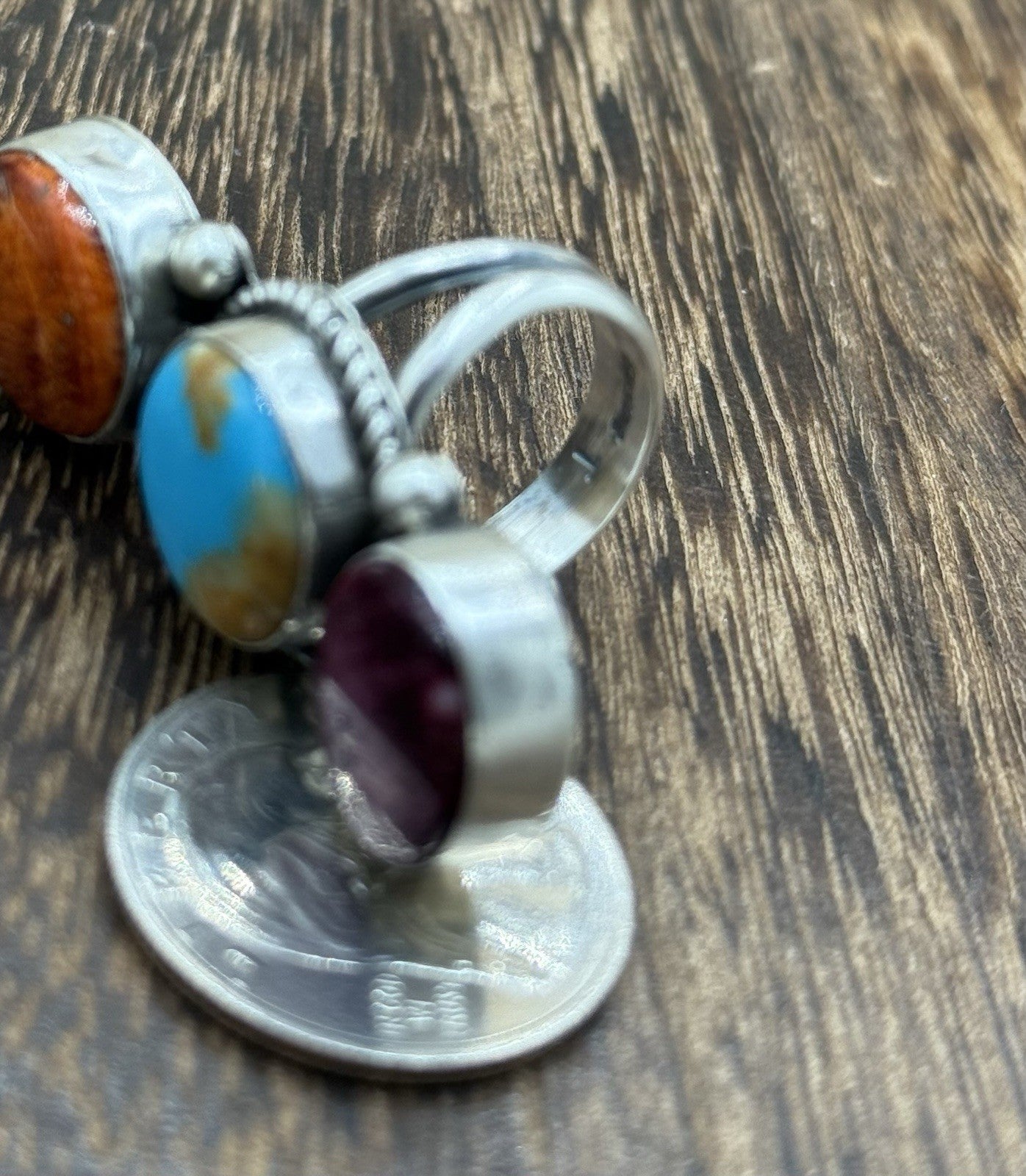 Native Navajo Handmade Sterling Silver Mixed Stone Turquoise Cluster Ring Size 7